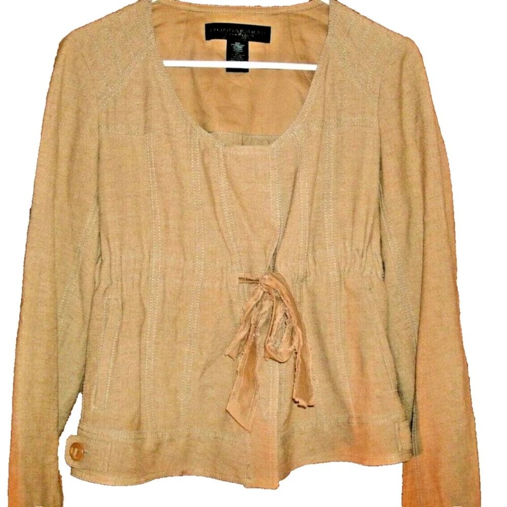 Vintage Y2K Donna Karan Womens Jacket Tan Silk Hemp Mohair Tie Front Size 4